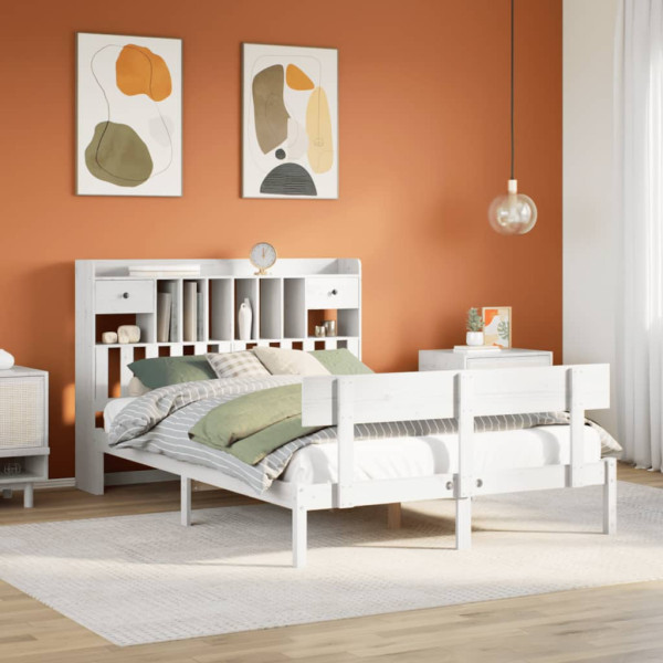 Cama con estantería sin colchón madera maciza blanca 150x200 cm Cama con estantería sin colchón madera maciza blanca 150x200 cm D
