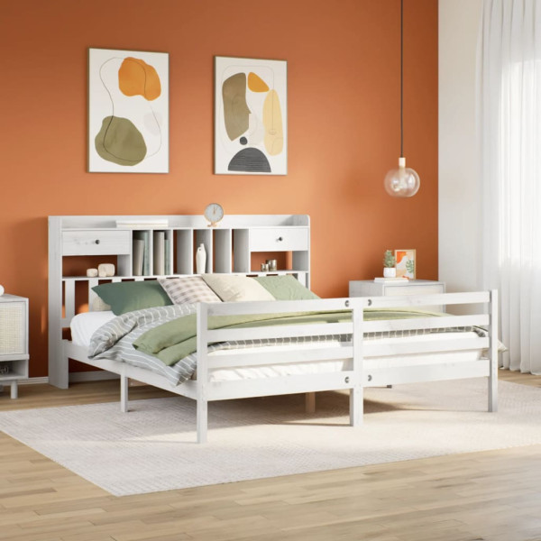 Cama con estantería sin colchón madera maciza blanca 200x200 cm Cama con estantería sin colchón madera maciza blanca 200x200 cm D