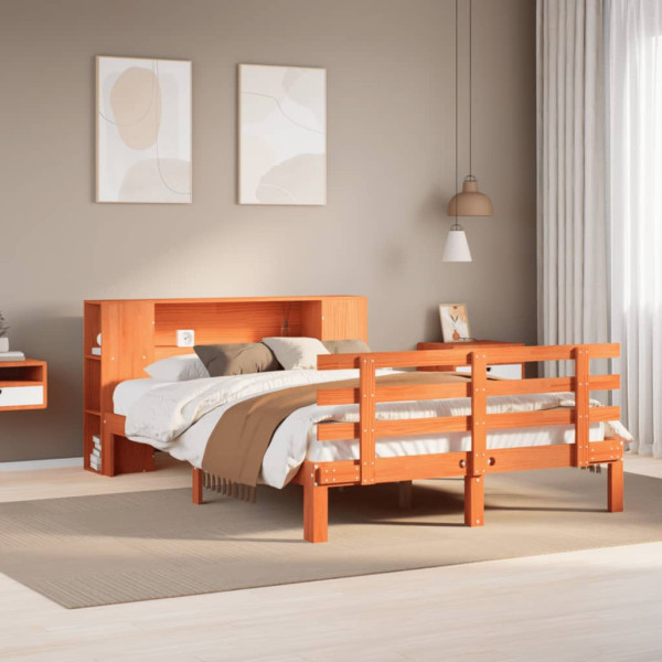 Cama con estantería sin colchón madera maciza marrón 135x190cm Cama con estantería sin colchón madera maciza marrón 135x190cm D