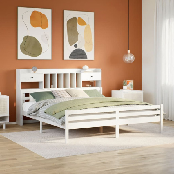 Cama con estantería sin colchón madera maciza blanca 200x200 cm Cama con estantería sin colchón madera maciza blanca 200x200 cm D