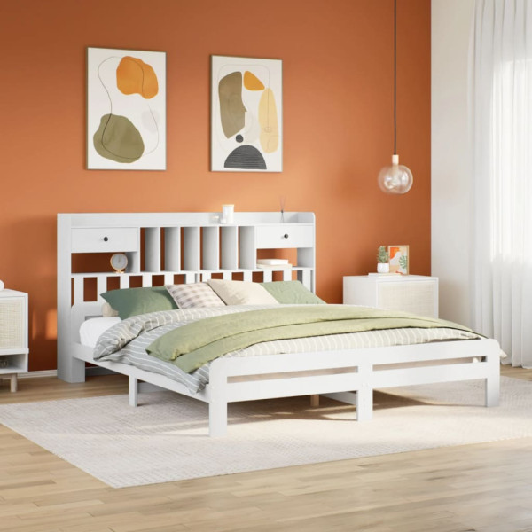 Cama con estantería sin colchón madera maciza blanca 200x200 cm Cama con estantería sin colchón madera maciza blanca 200x200 cm D