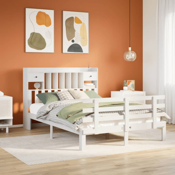Cama con estantería sin colchón madera maciza blanca 140x190 cm Cama con estantería sin colchón madera maciza blanca 140x190 cm D