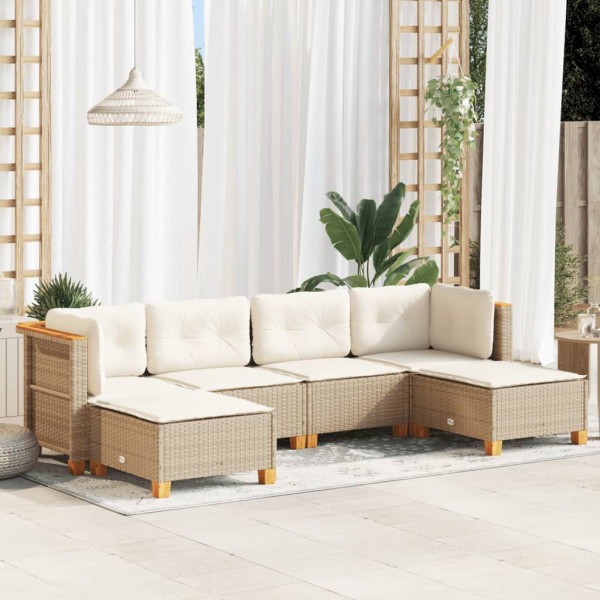 Conjunto de sofá de jardim com almofadas 6 peças de rattan sintético bege D