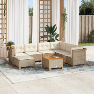 Set de sofás de jardín y cojines 8 piezas ratán sintético beige D