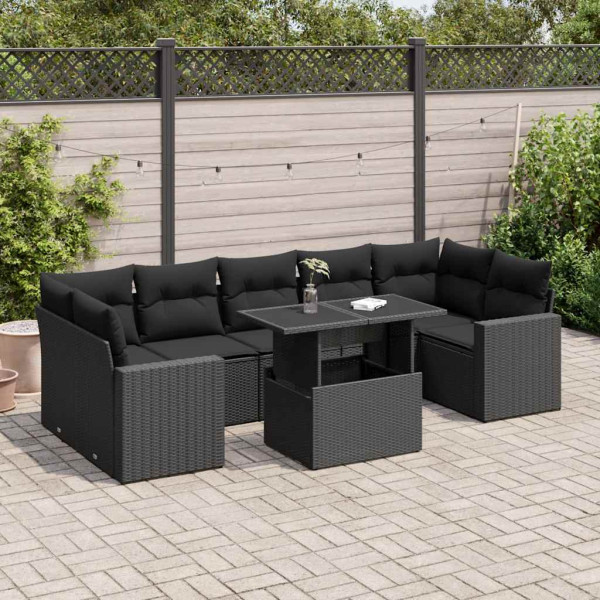 Set de sofás de jardín y cojines 8 piezas ratán sintético negro D