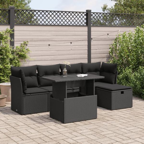 Set de sofás de jardín 6 piezas y cojines ratán sintético negro D