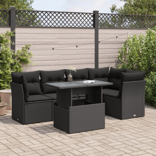Set de sofás de jardín 6 piezas y cojines ratán sintético negro D