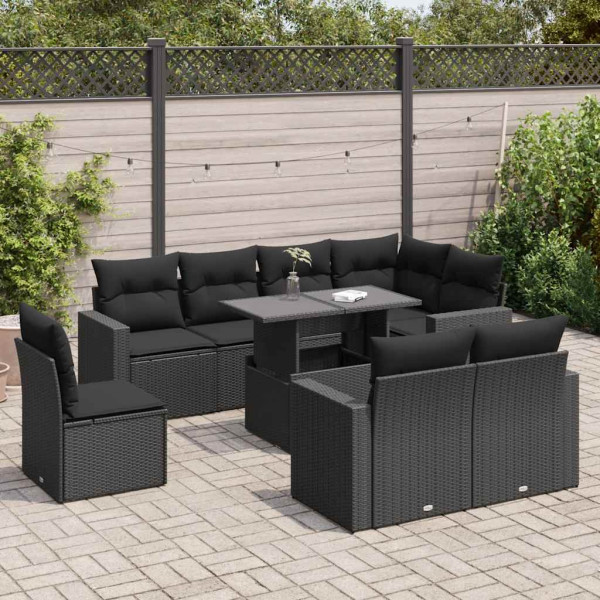 Set de sofás de jardín con cojines 9 pzas ratán sintético negro D