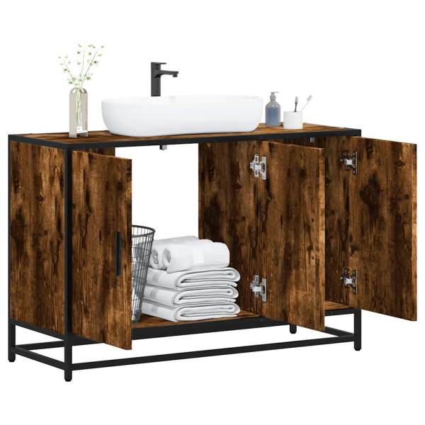Armario lavabo baño madera ingeniería roble ahumado 90x33x60 cm D