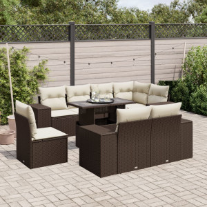 Set de sofás de jardín 9 pzas y cojines ratán sintético marrón D