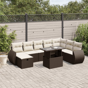 Set de sofás de jardín 9 pzas y cojines ratán sintético marrón D