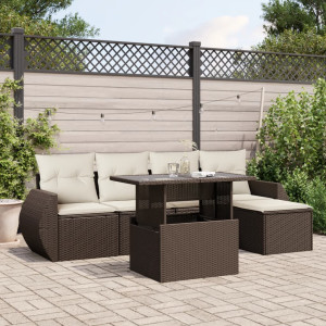 Set sofás de jardín 6 piezas y cojines ratán sintético marrón D