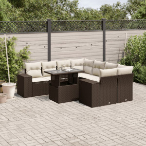 Set de sofás de jardín 9 pzas y cojines ratán sintético marrón D