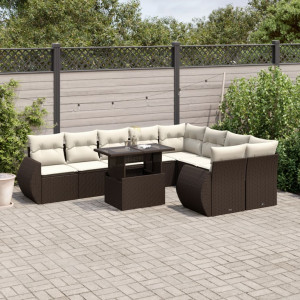 Set de sofás de jardín 10 pzas y cojines ratán sintético marrón D