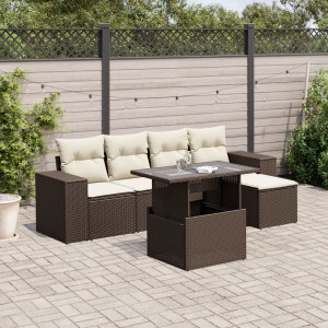 Set sofás de jardín 6 piezas y cojines ratán sintético marrón D
