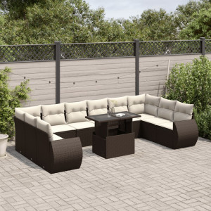 Set de sofás de jardín 11 pzas cojines ratán sintético marrón D