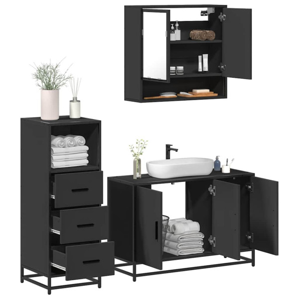 Juego de muebles de baño 3 pzas madera contrachapada negro D