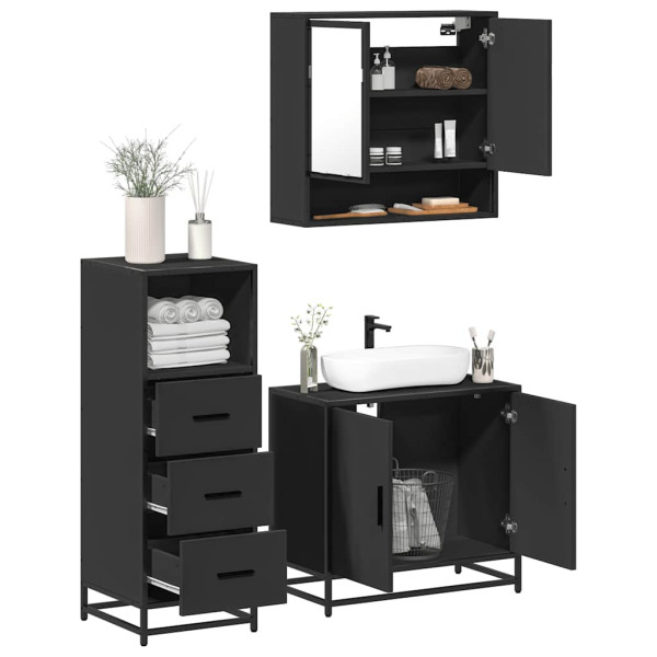 Juego de muebles de baño 3 pzas madera contrachapada negro D