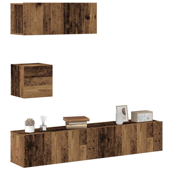 Conjunto de mueble de TV 4 piezas montado la pared madera vieja Conjunto de mueble de TV 4 piezas montado la pared madera vieja D