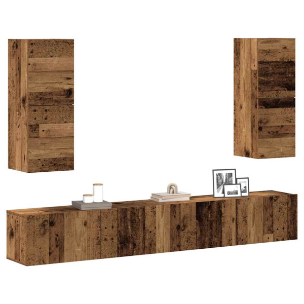 Conjunto de mueble de TV 4 piezas montado la pared madera vieja Conjunto de mueble de TV 4 piezas montado la pared madera vieja D
