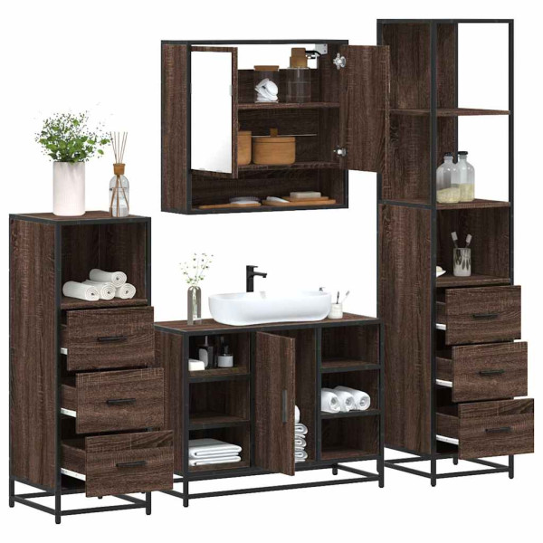 Set de muebles baño 4 pzas madera contrachapada roble marrón Set de muebles baño 4 pzas madera contrachapada roble marrón D