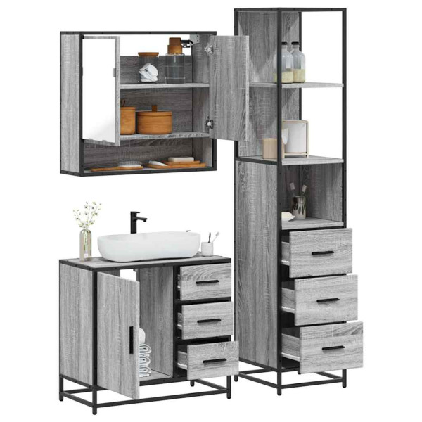 Set de muebles de baño 3 pzas madera contrachapada gris sonoma Set de muebles de baño 3 pzas madera contrachapada gris sonoma D