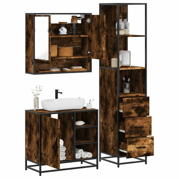 Set de muebles baño 3 pzas madera contrachapada roble ahumado Set de muebles baño 3 pzas madera contrachapada roble ahumado D