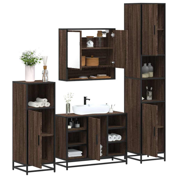 Set de muebles baño 4 pzas madera contrachapada roble marrón Set de muebles baño 4 pzas madera contrachapada roble marrón D