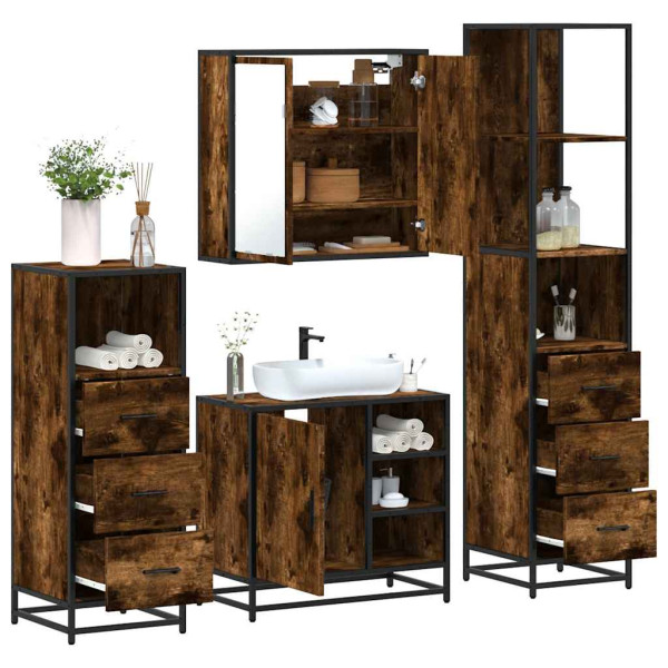Set de muebles baño 4 pzas madera contrachapada roble ahumado Set de muebles baño 4 pzas madera contrachapada roble ahumado D