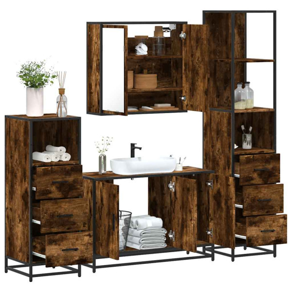 Set de muebles baño 4 pzas madera contrachapada roble ahumado Set de muebles baño 4 pzas madera contrachapada roble ahumado D