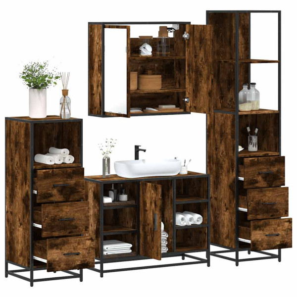 Set de muebles baño 4 pzas madera contrachapada roble ahumado Set de muebles baño 4 pzas madera contrachapada roble ahumado D