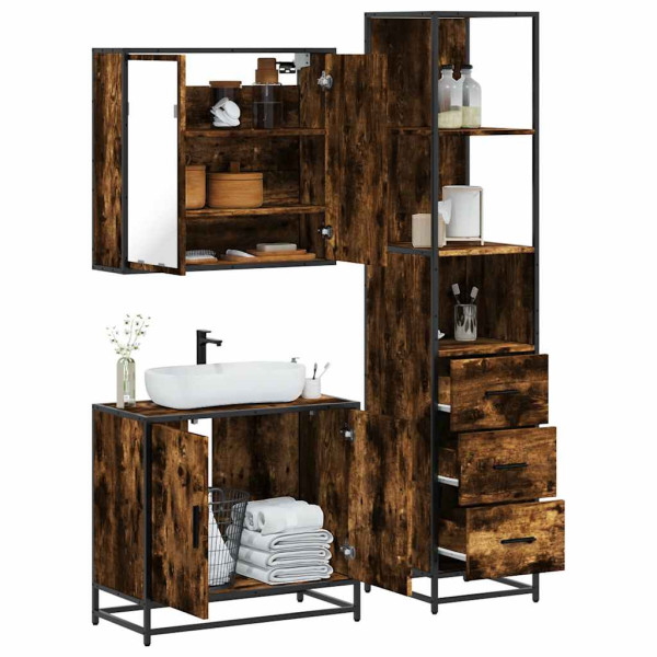 Set de muebles baño 3 pzas madera contrachapada roble ahumado Set de muebles baño 3 pzas madera contrachapada roble ahumado D