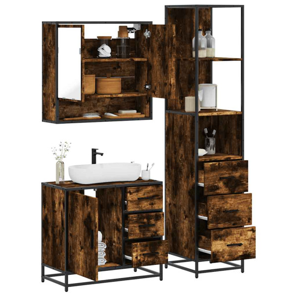 Set de muebles baño 3 pzas madera contrachapada roble ahumado Set de muebles baño 3 pzas madera contrachapada roble ahumado D
