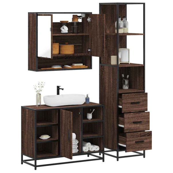 Set de muebles baño 3 pzas madera contrachapada roble marrón Set de muebles baño 3 pzas madera contrachapada roble marrón D