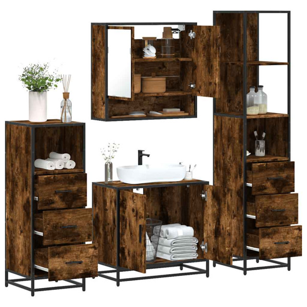 Set de muebles baño 4 pzas madera contrachapada roble ahumado Set de muebles baño 4 pzas madera contrachapada roble ahumado D
