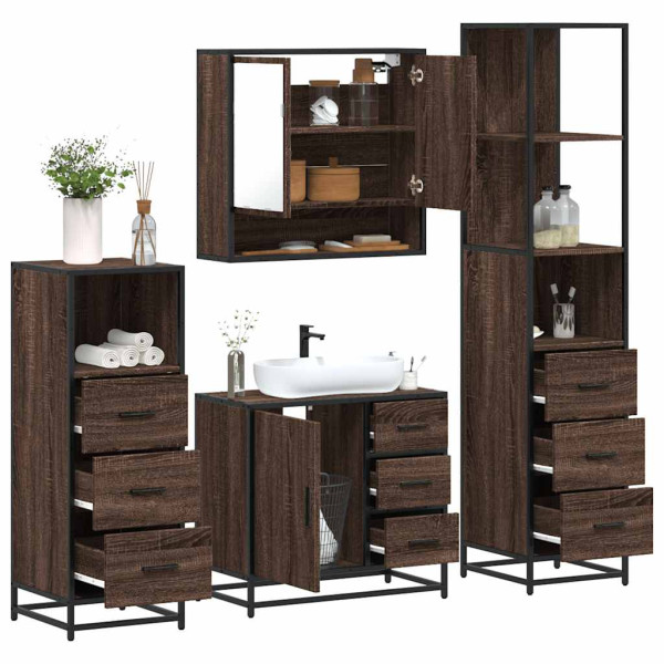 Set de muebles baño 4 pzas madera contrachapada roble marrón Set de muebles baño 4 pzas madera contrachapada roble marrón D