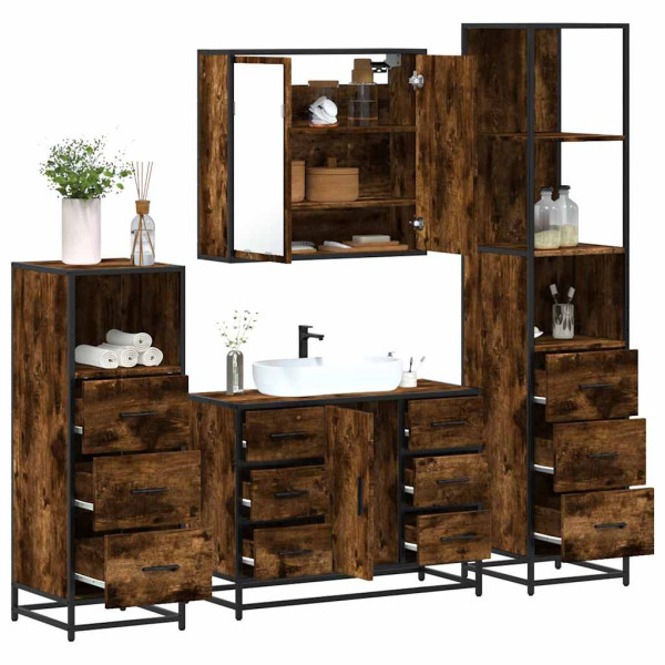 Set de muebles baño 4 pzas madera contrachapada roble ahumado Set de muebles baño 4 pzas madera contrachapada roble ahumado D