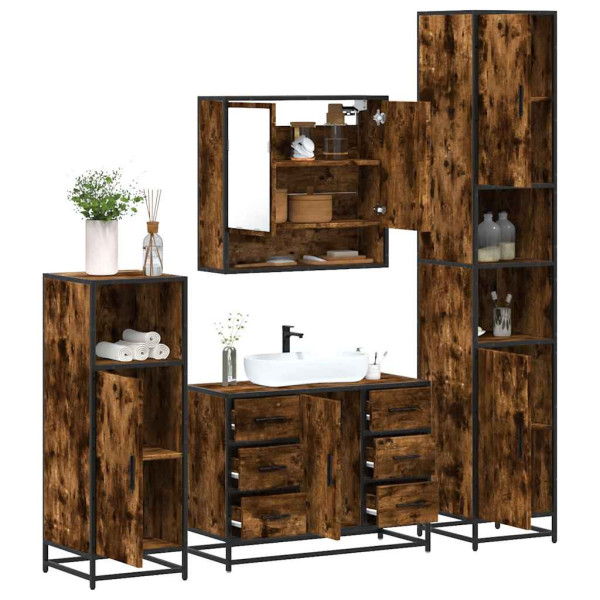 Set de muebles baño 4 pzas madera contrachapada roble ahumado Set de muebles baño 4 pzas madera contrachapada roble ahumado D