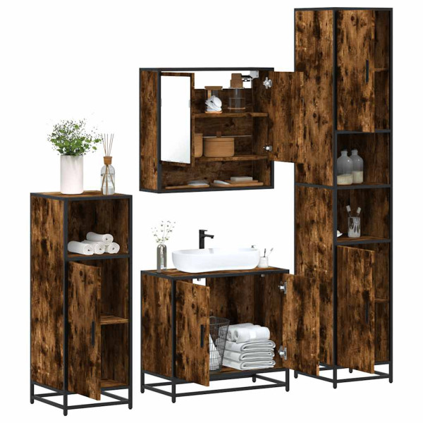 Set de muebles baño 4 pzas madera contrachapada roble ahumado Set de muebles baño 4 pzas madera contrachapada roble ahumado D
