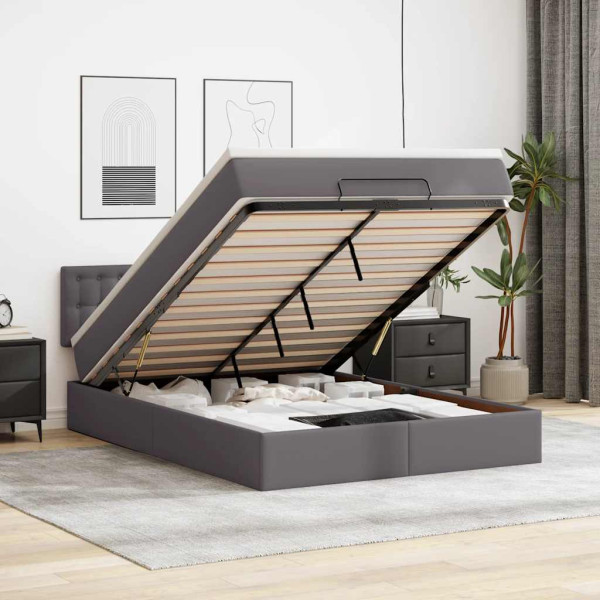 Estructura cama otomana colchón cuero sintético gris 140x200cm Estructura cama otomana colchón cuero sintético gris 140x200cm D