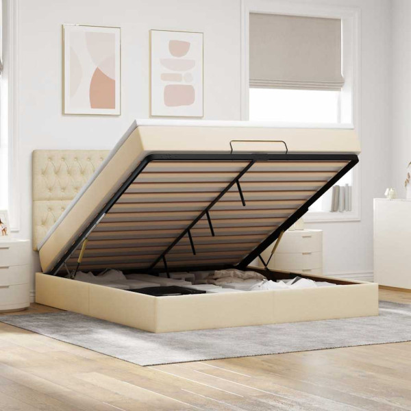 Estructura de cama otomana con colchón tela crema 160x200cm Estructura de cama otomana con colchón tela crema 160x200cm D