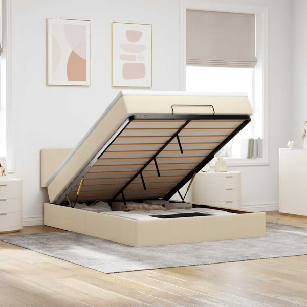 Estructura de cama otomana con colchón tela crema 140x200cm Estructura de cama otomana con colchón tela crema 140x200cm D