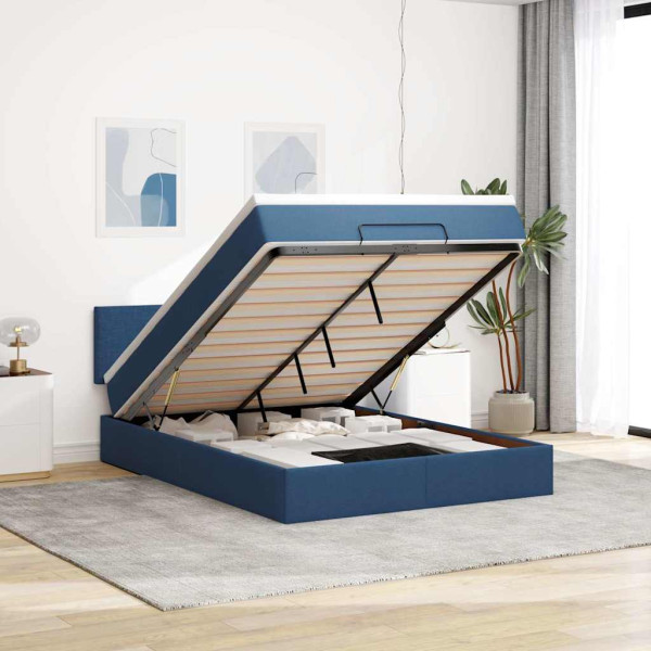Estructura de cama otomana colchón tela azul pardo 140x200cm Estructura de cama otomana colchón tela azul pardo 140x200cm D