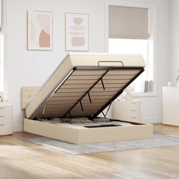 Estructura de cama otomana con colchón tela crema 140x200cm Estructura de cama otomana con colchón tela crema 140x200cm D