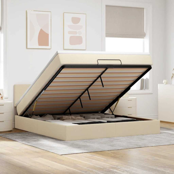 Estructura de cama otomana con colchón tela crema 160x200cm Estructura de cama otomana con colchón tela crema 160x200cm D