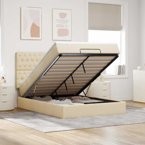 Estructura de cama otomana con colchón tela crema 140x200cm Estructura de cama otomana con colchón tela crema 140x200cm D