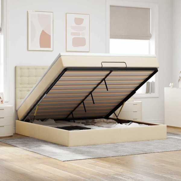 Estructura de cama otomana con colchón tela crema 180x200cm Estructura de cama otomana con colchón tela crema 180x200cm D