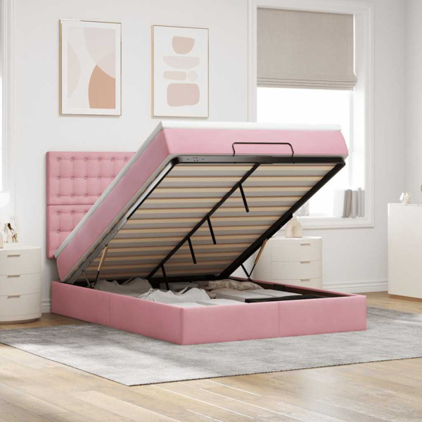 Estructura cama otomana con colchones terciopelo rosa 140x190cm Estructura cama otomana con colchones terciopelo rosa 140x190cm D