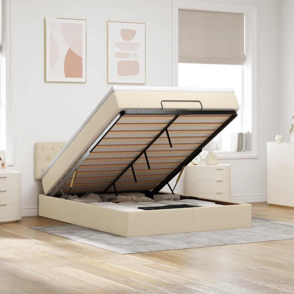 Estructura de cama otomana con colchón tela crema 140x190cm Estructura de cama otomana con colchón tela crema 140x190cm D