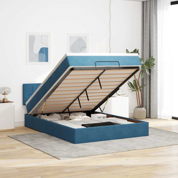Estructura de cama otomana con colchón terciopelo azul oscuro Estructura de cama otomana con colchón terciopelo azul oscuro D